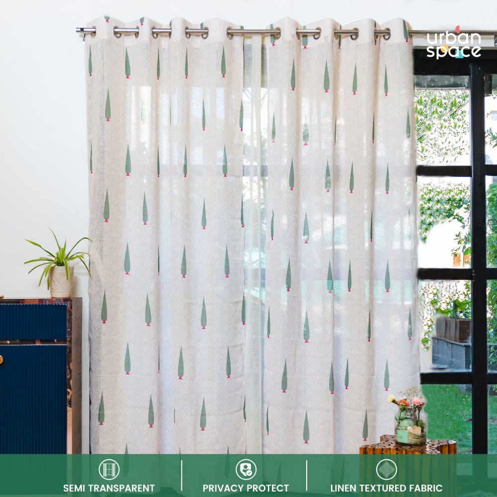 Printed Sheer Linen Curtains, Light Filtering, Pack of 2 Curtains - Pinewood