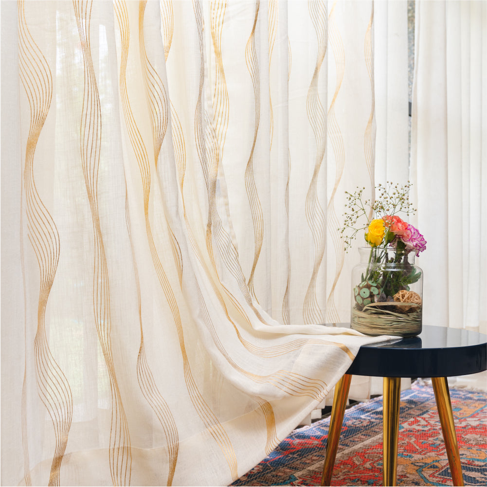 Linen Textured Metallic Gold Foil Sheer Curtains, Pack of 2 Curtains - Double Wave - Buttercream