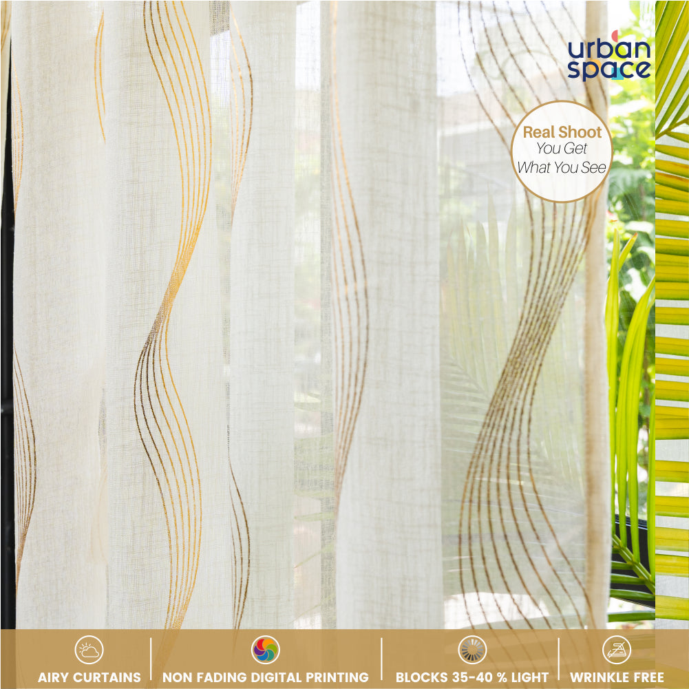 Linen Textured Metallic Gold Foil Sheer Curtains, Pack of 2 Curtains - Double Wave - Buttercream