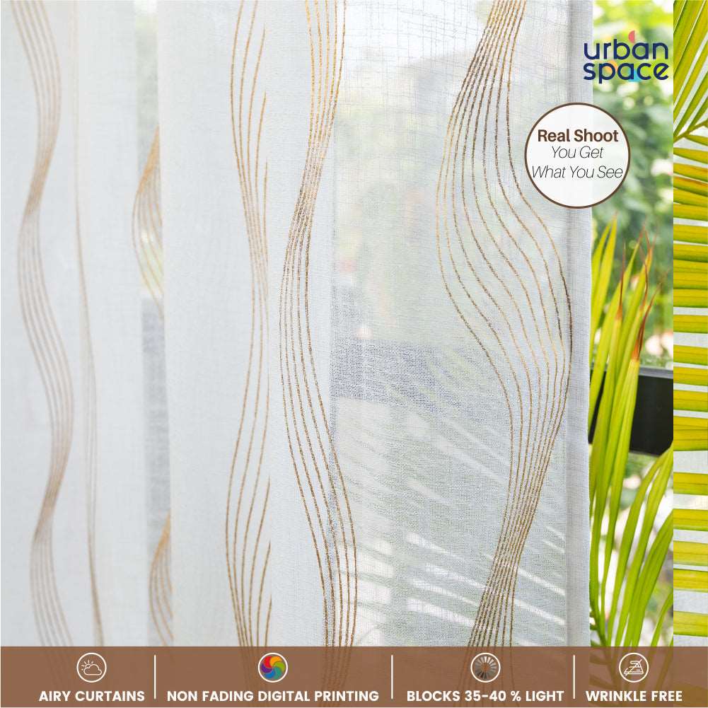Linen Textured Metallic Gold Foil Sheer Curtains, Pack of 2 Curtains - Double Wave - White
