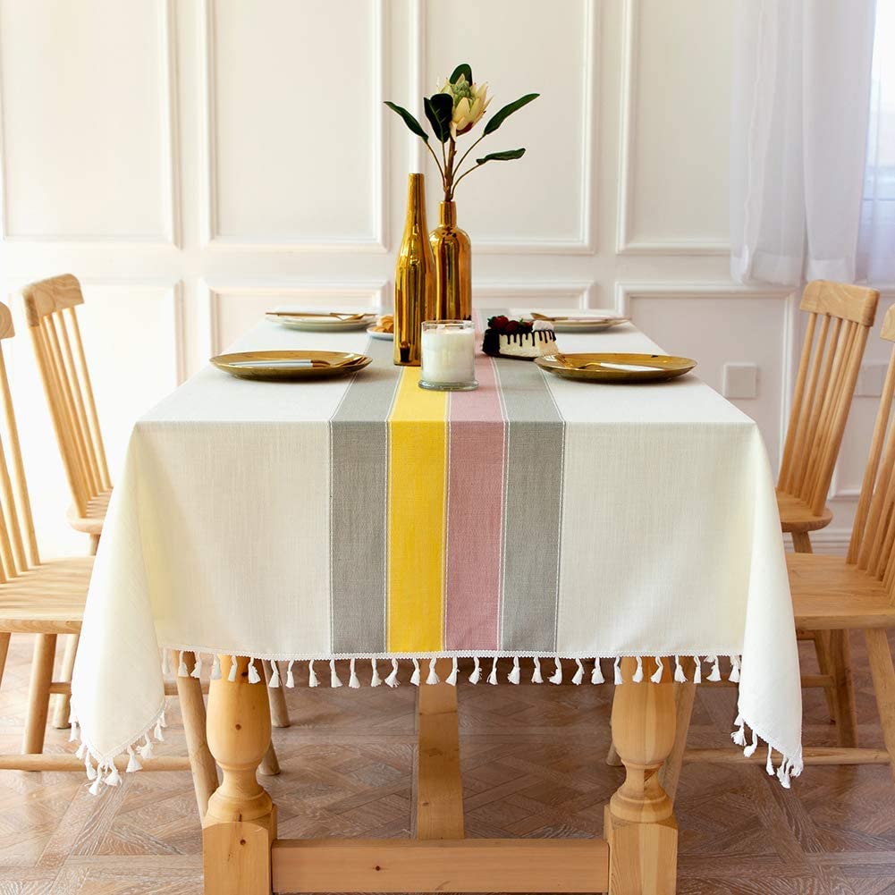 Sicilia Anti Skid & Water resistant Linen textured table cloth for dining table, table cover for center table  -Yellow Grey