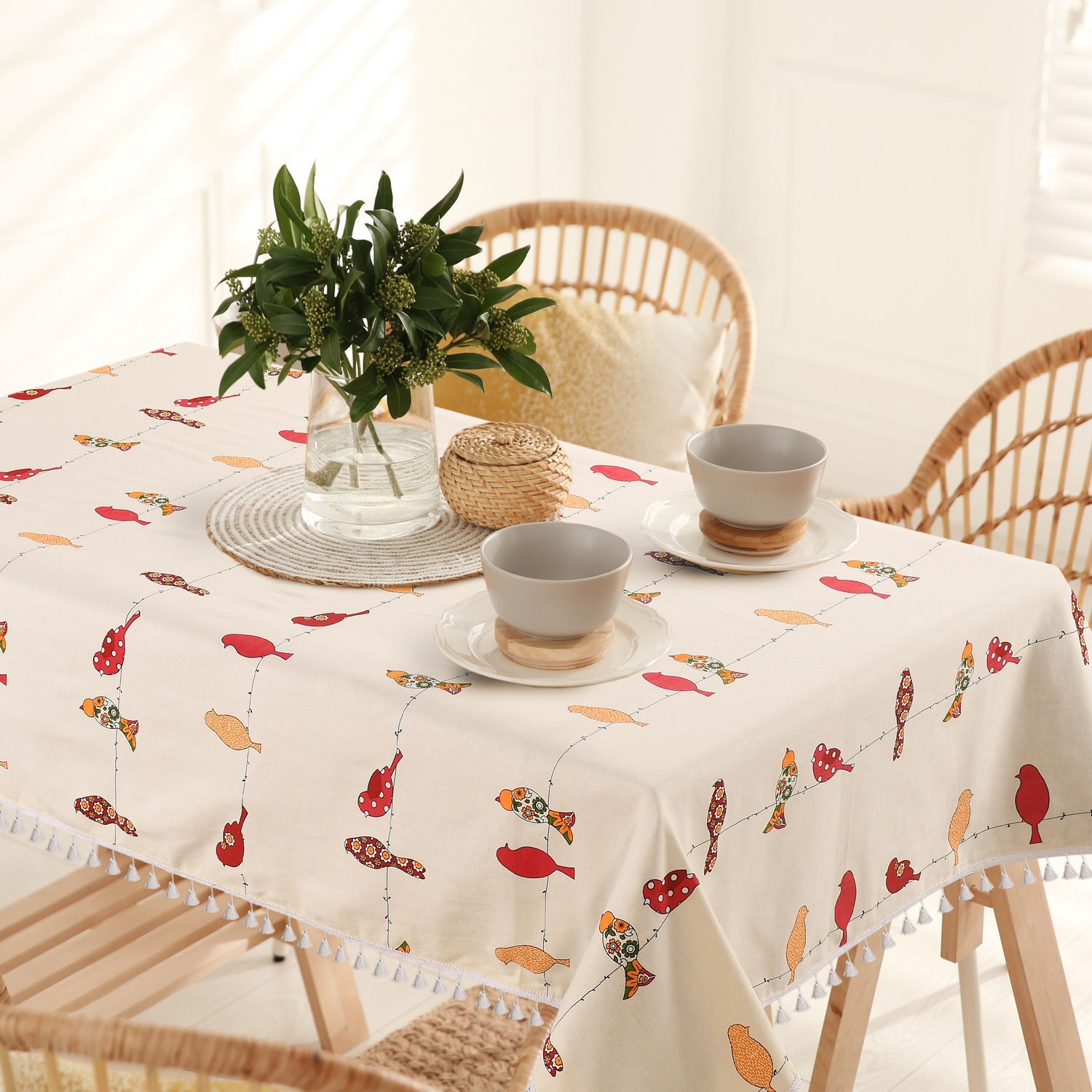 100% Cotton Table cloth/ table cover for 4 or 6 seater Dining / Centre Table - Humming Bird Red