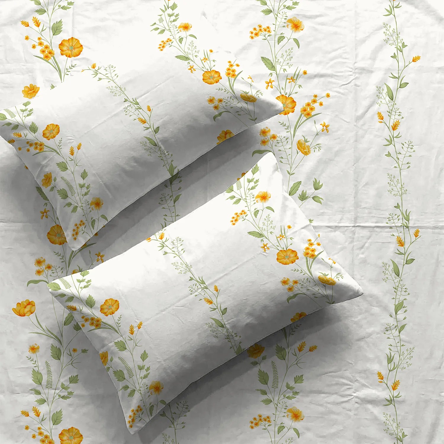 Serene Collection - Breathable 200 TC 100% Pure Cotton Bedsheet with Pillow Cover, Veil Bloom- Yellow