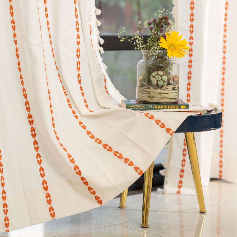 Premium 100% Cotton Embroidery Curtain for Window & Door - Pack of 1 Curtain, Vintage Braid Orange