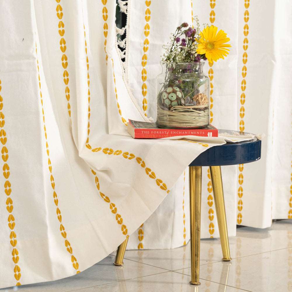 Vintage Braid Yellow Embroidery Boho Cotton Curtain for Living