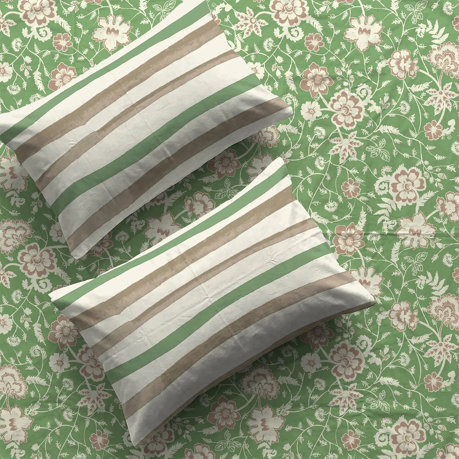 Divine Collection - Cotton Bedsheet With 2 Pillow Covers, Viola Sage Green