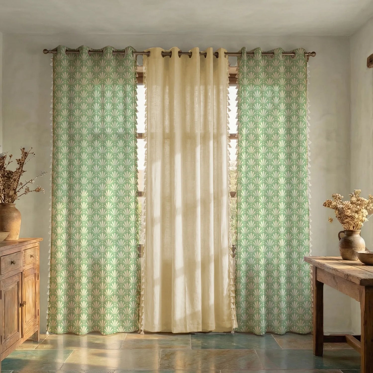Cotton Curtains Combo, Set of 3 curtains, 60-65% Room Darkening Curtain - Amaya Sage Green & Aura Beige