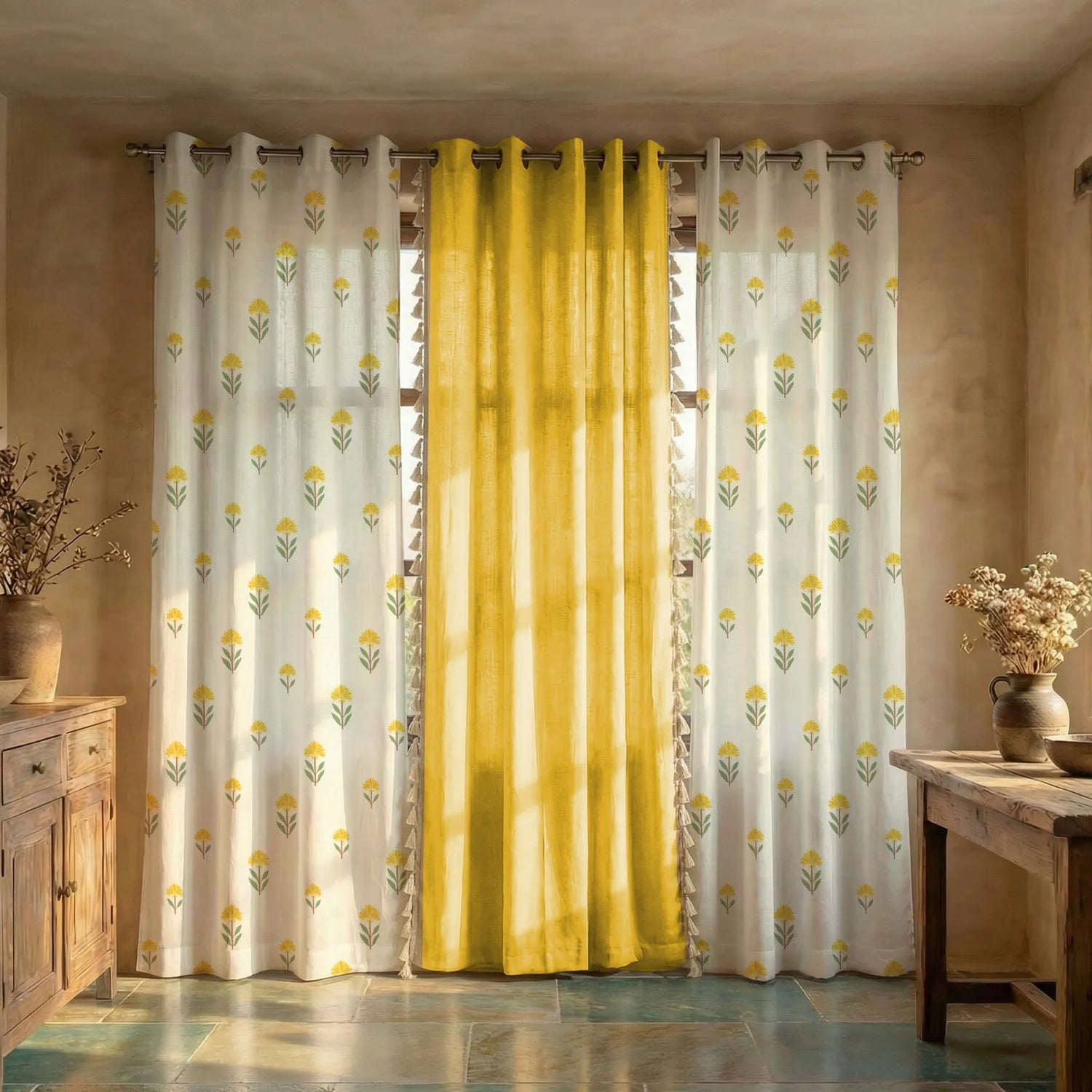 Cotton Curtains Combo, Set of 3 curtains, 60-65% Room Darkening Curtain - Aster & Aura Yellow