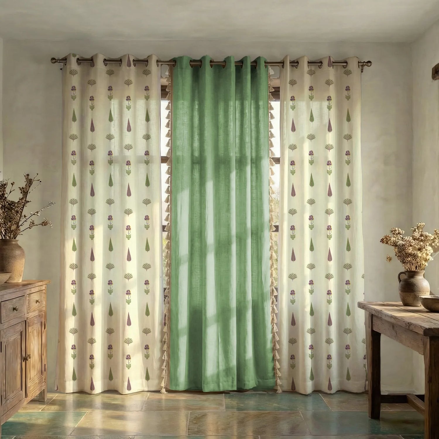 Cotton Curtains Combo, Set of 3 curtains, 60-65% Room Darkening Curtain - Orchard & Aura Sage Green