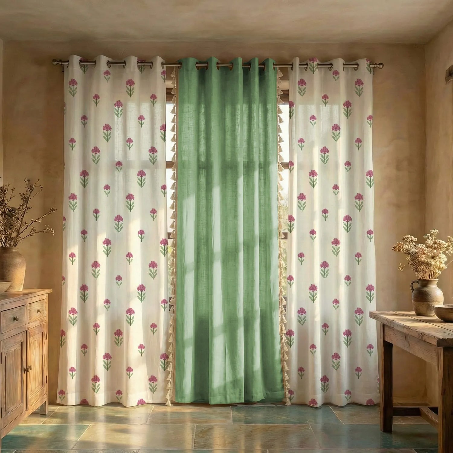 Cotton Curtains Combo, Set of 3 curtains, 60-65% Room Darkening Curtain - Aster Pink & Aura Sage Green