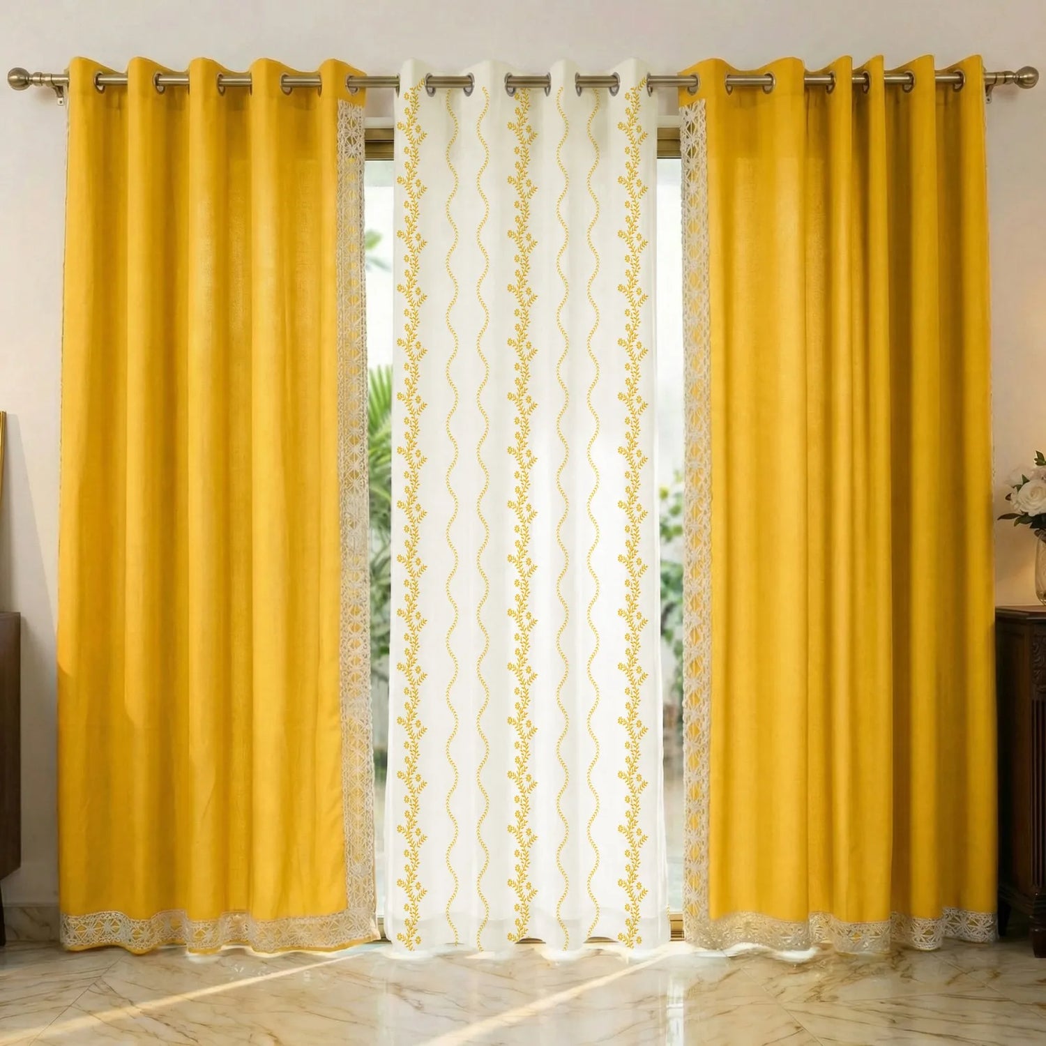 Cotton Curtains Combo, Set of 3 curtains, 60-65% Room Darkening Curtain - Solara White & Aura Yellow with Lace Trim