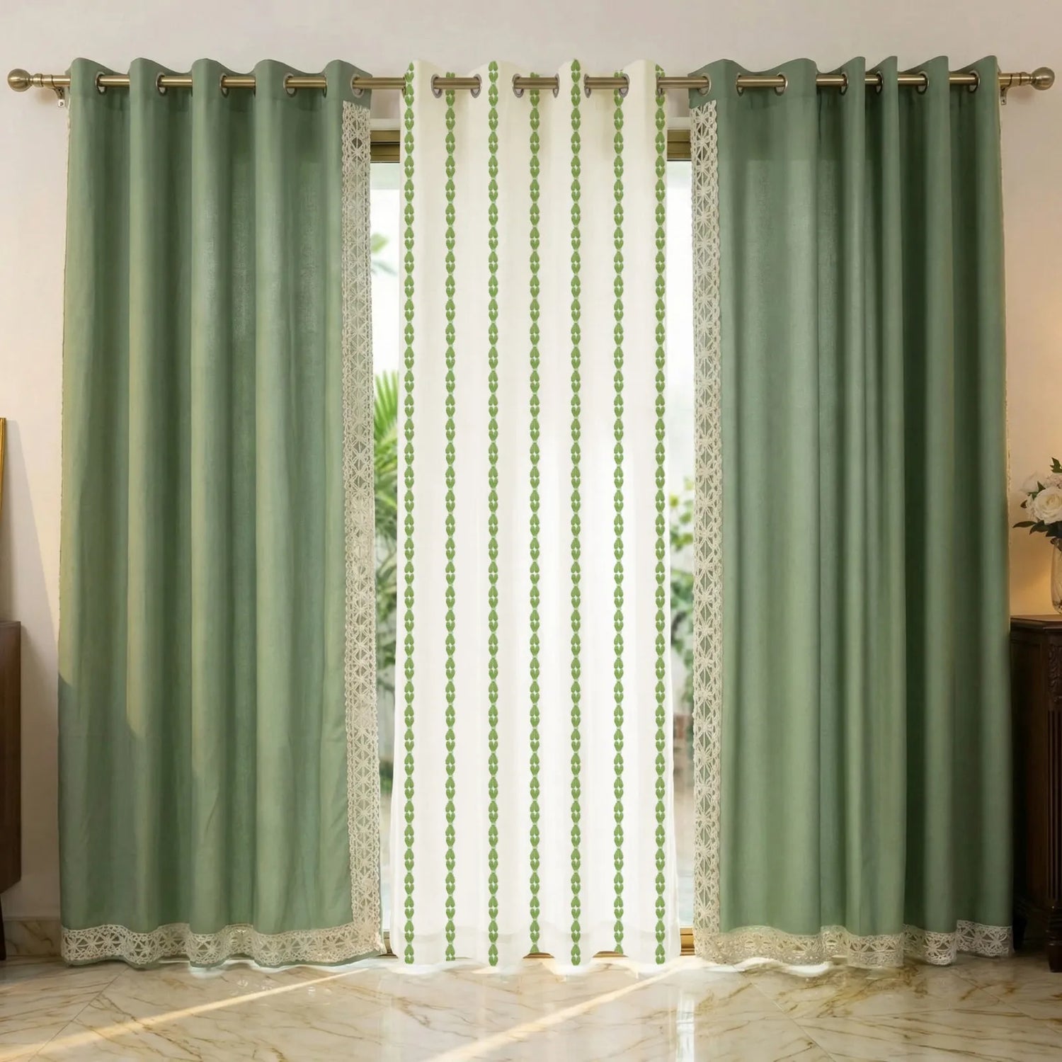 Cotton Curtains Combo, Set of 3 curtains, 60-65% Room Darkening Curtain - Vintage Braid & Aura Sage Green with Lace Trim