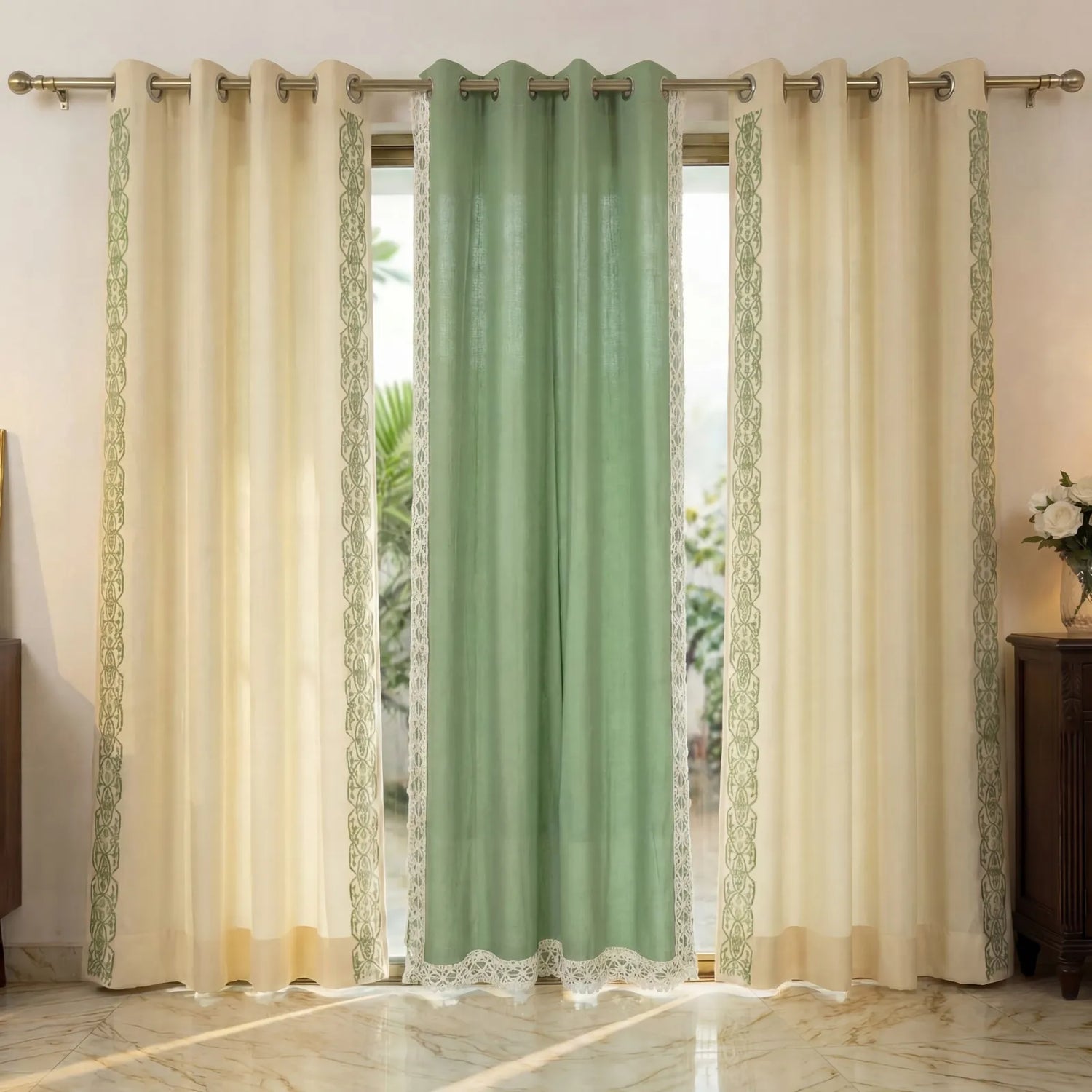 Cotton Curtains Combo, Set of 3 curtains, 60-65% Room Darkening Curtain - Motif Lace & Aura Sage Green with Lace Trim