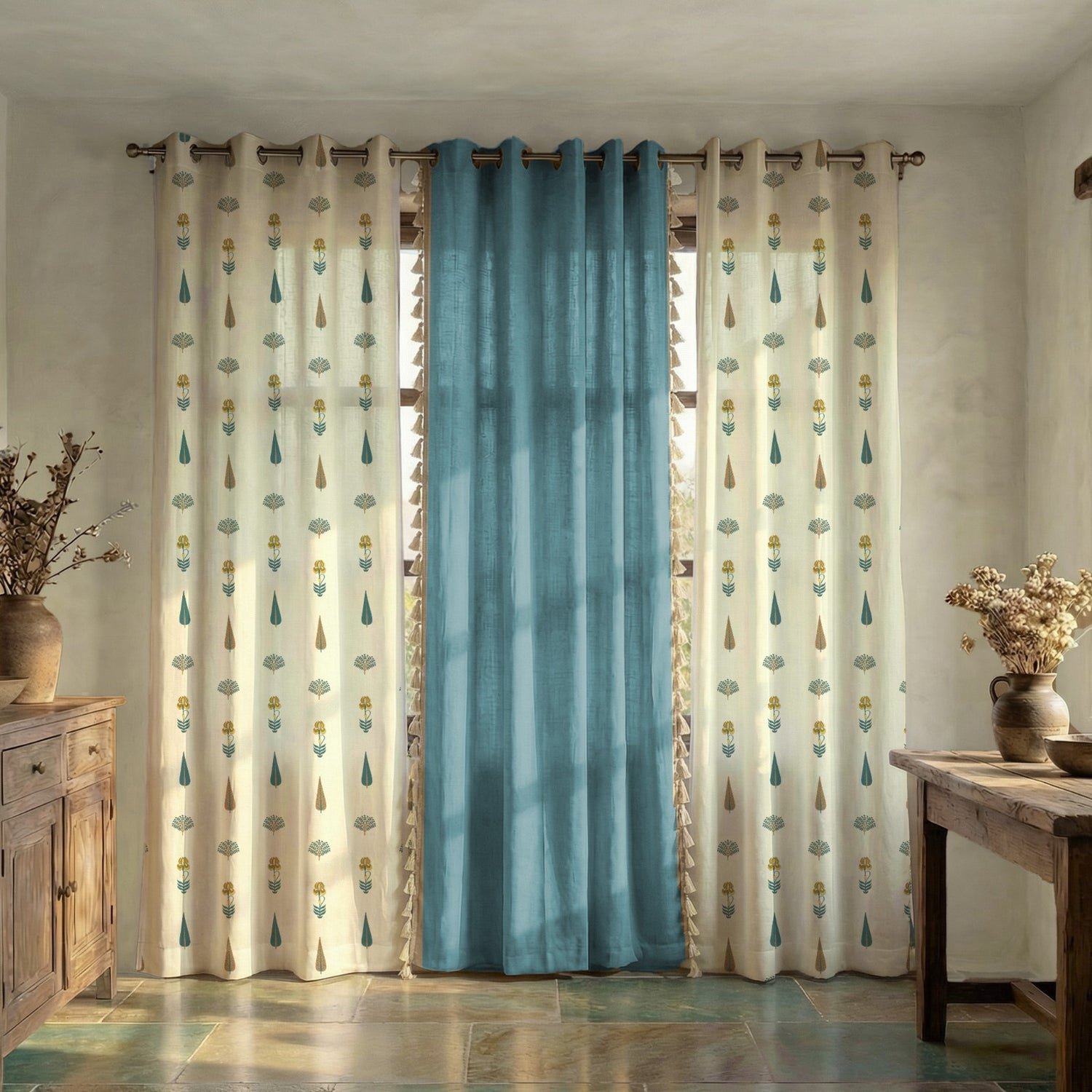 Cotton Curtains Combo, Set of 3 curtains, 60-65% Room Darkening Curtain - Orchard & Aura Dusty Blue