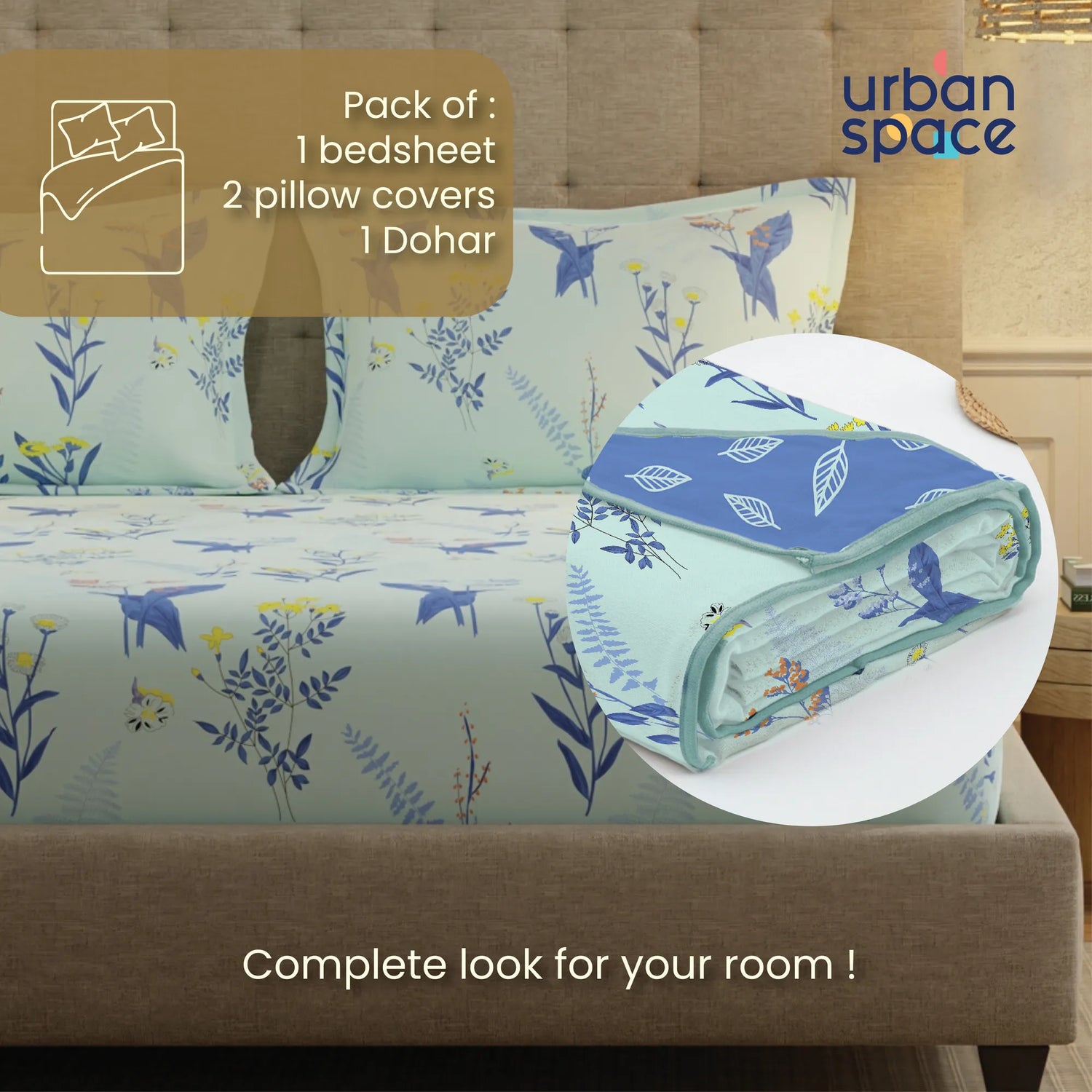 Cotton Bedsheet + AC Cotton Dohar Combo Pack - Whisper Mint Blue
