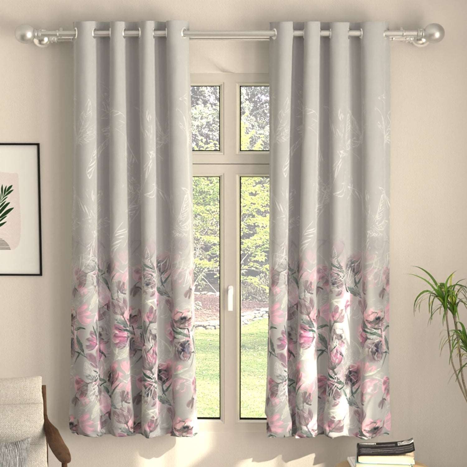 Blackout Curtains, Digital Printed Curtains, Pack of 2 Curtains - Winter Crocus Pink