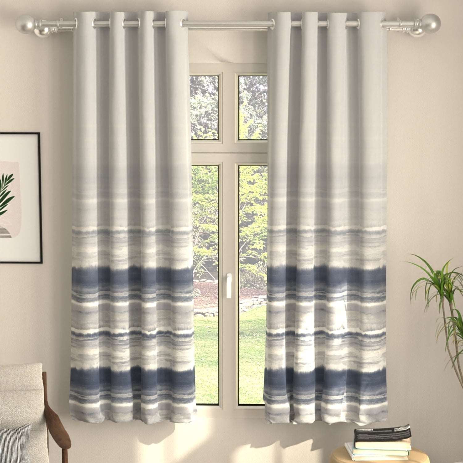 Blackout Curtains, Digital Printed Curtains, Pack of 2 Curtains - Coastal Tides Navy