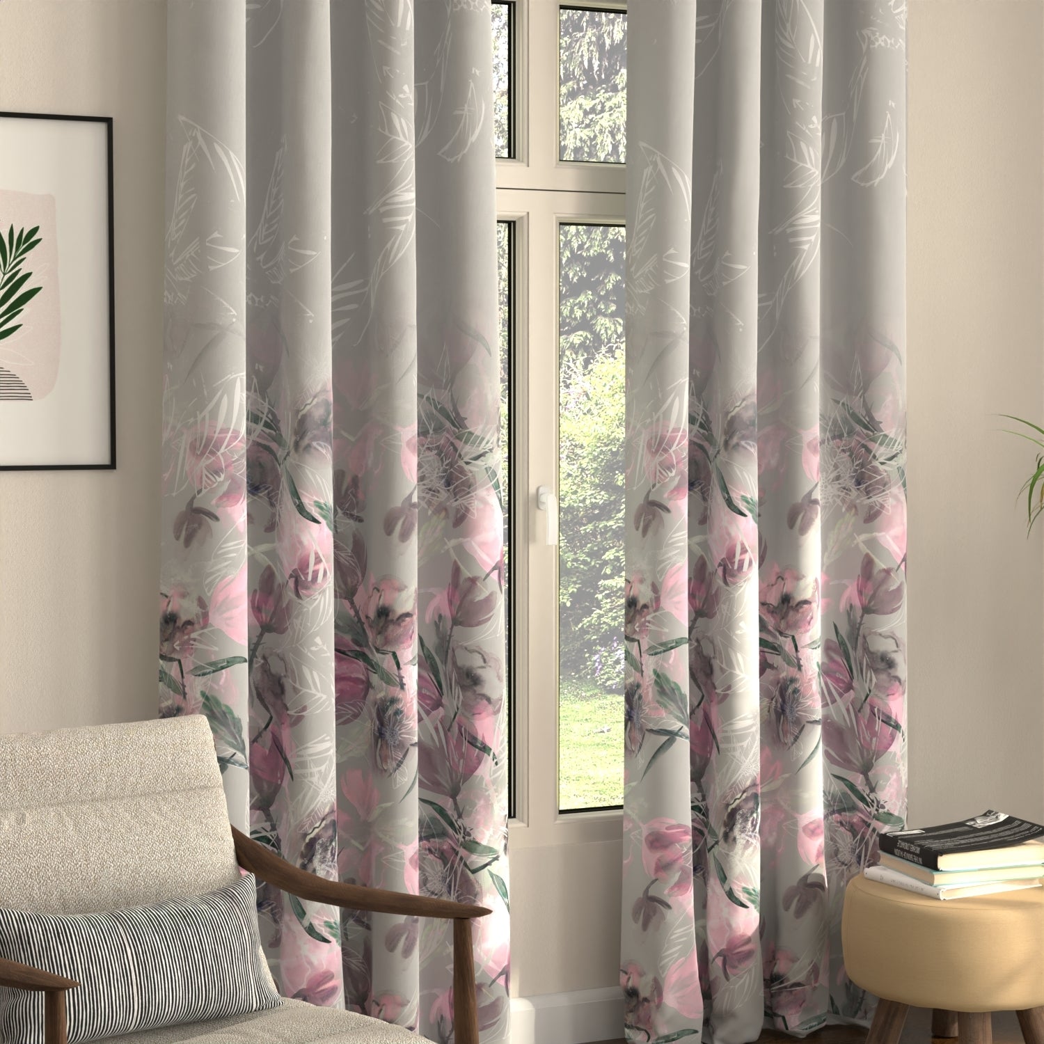 Blackout Curtains, Digital Printed Curtains, Pack of 2 Curtains - Winter Crocus Pink