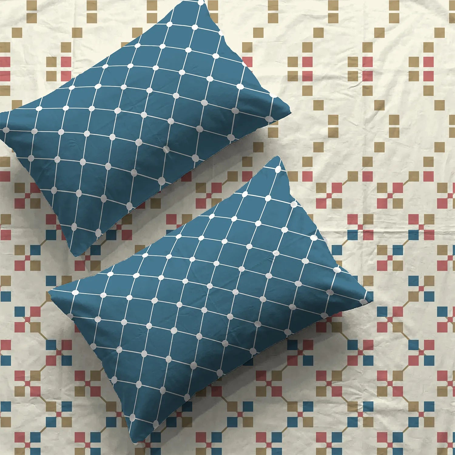 Divine Collection - Cotton Bedsheet With 2 Pillow Covers, Zen Blocks Blue