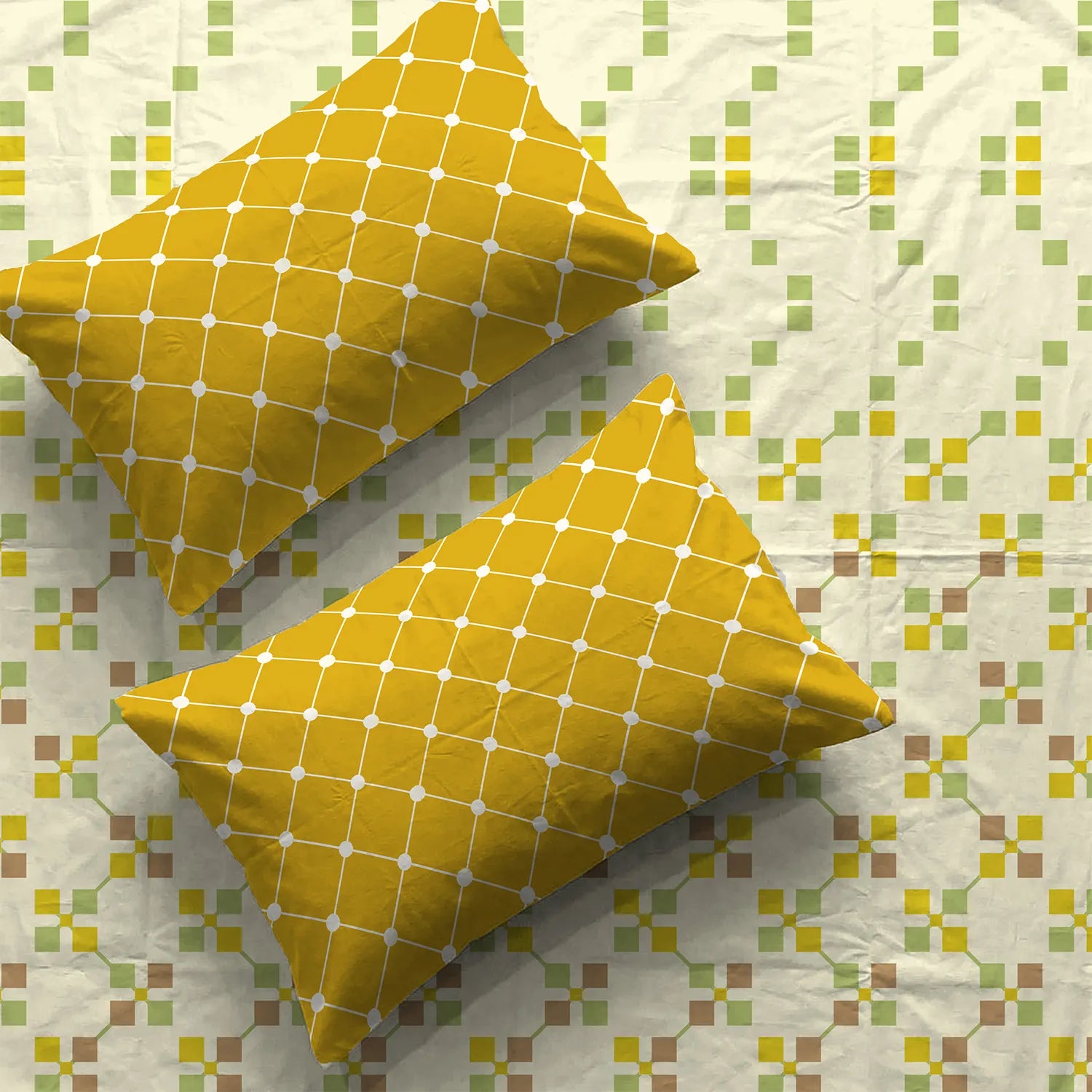 Divine Collection - Cotton Bedsheet With 2 Pillow Covers, Zen Blocks Yellow