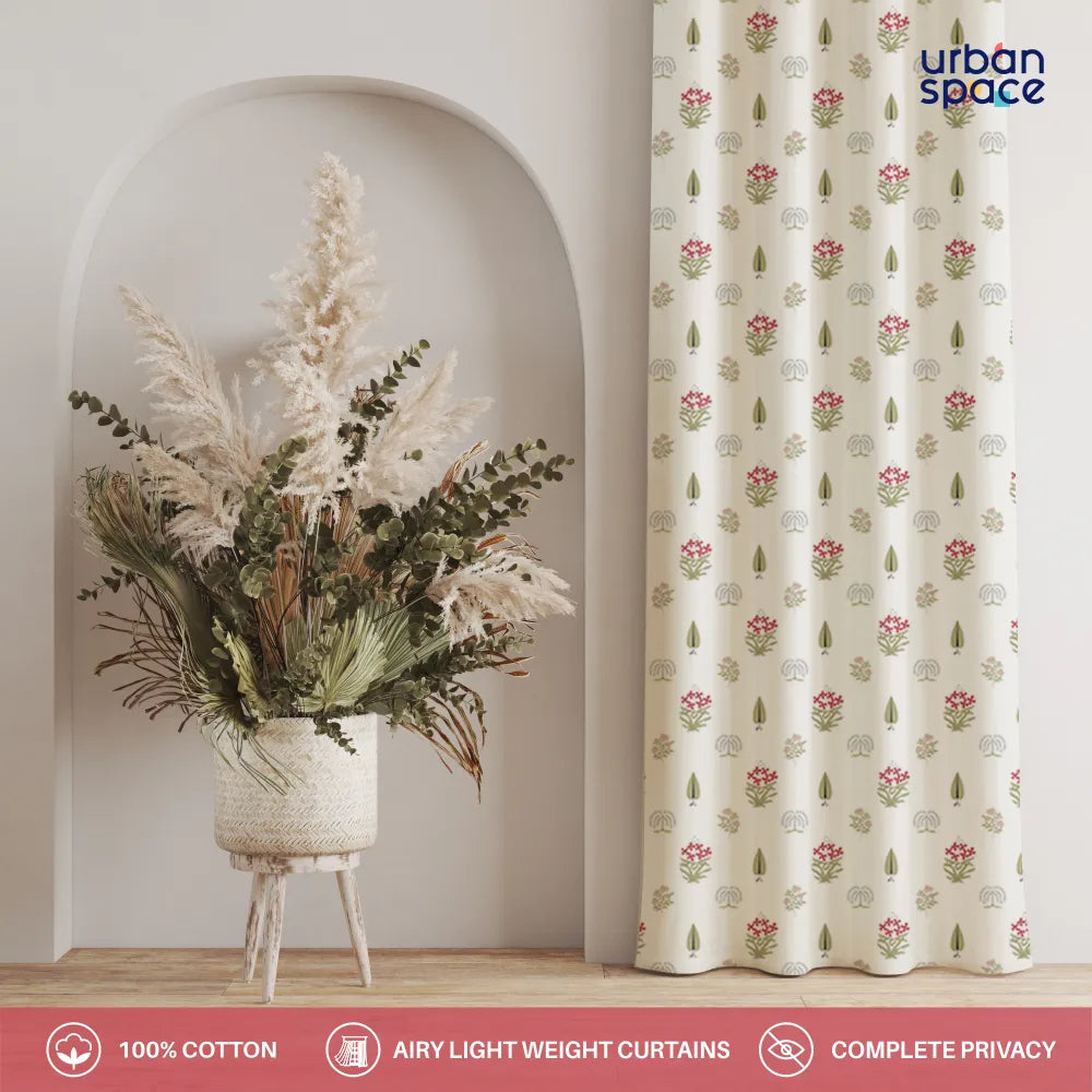 100% Cotton, room darkening ethnic curtains, Pack of 2 Curtains- Calico Red