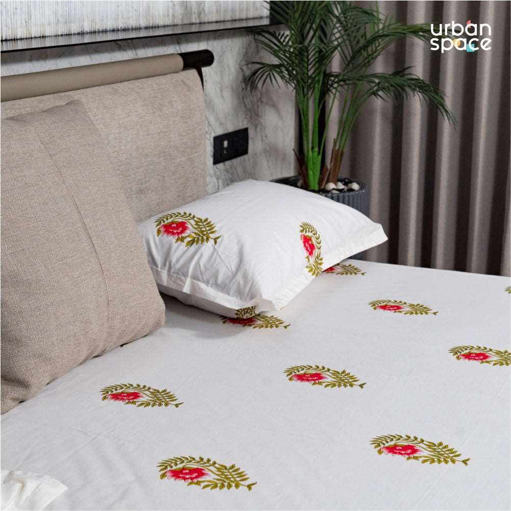 Fitted King Size Cotton Bedsheet - Ethnic Motif- Pink