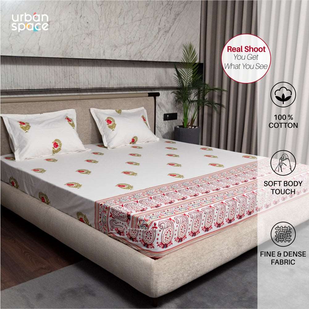 Regal Collection - Breathable 200 TC 100% Pure Cotton Single Bedsheet with Pillow Cover, Ethnic Motif- Pink