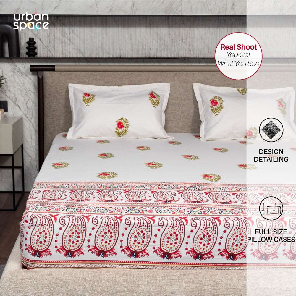 Regal Collection - Breathable 200 TC 100% Pure Cotton Single Bedsheet with Pillow Cover, Ethnic Motif- Pink