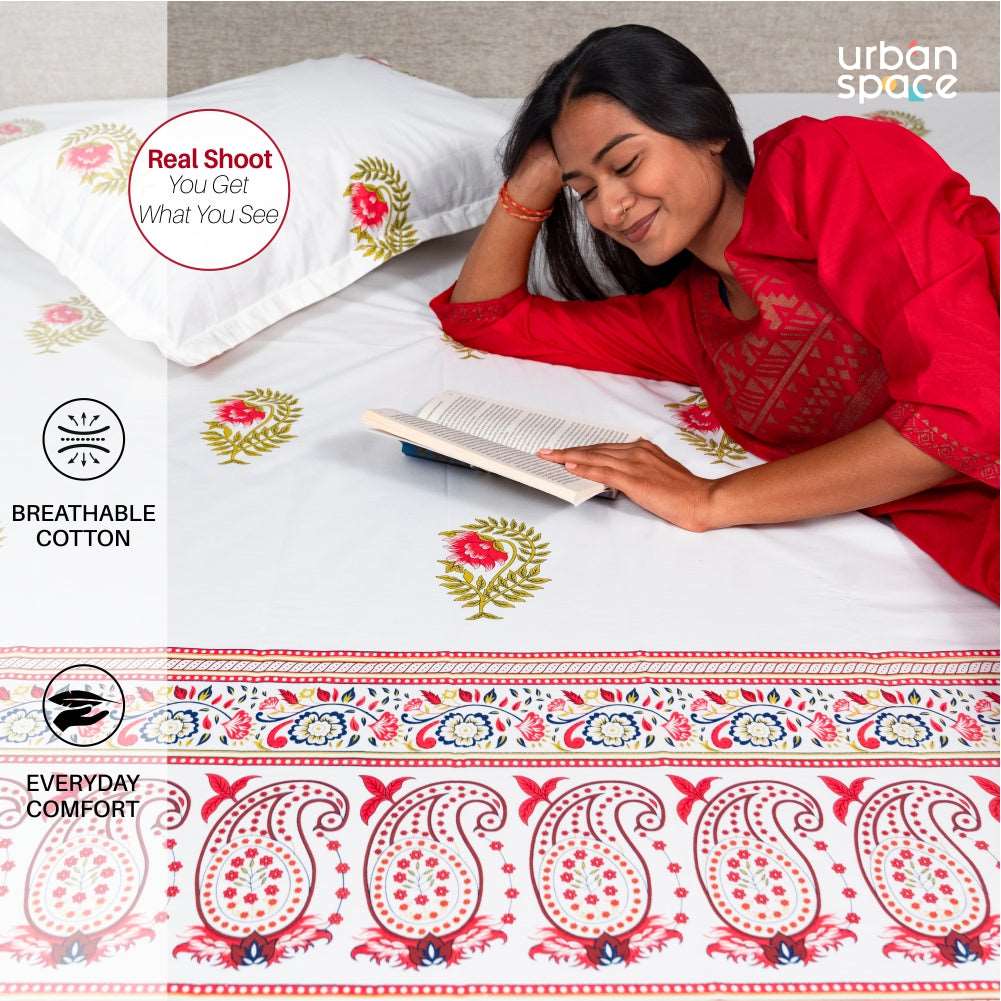 Fitted King Size Cotton Bedsheet - Ethnic Motif- Pink