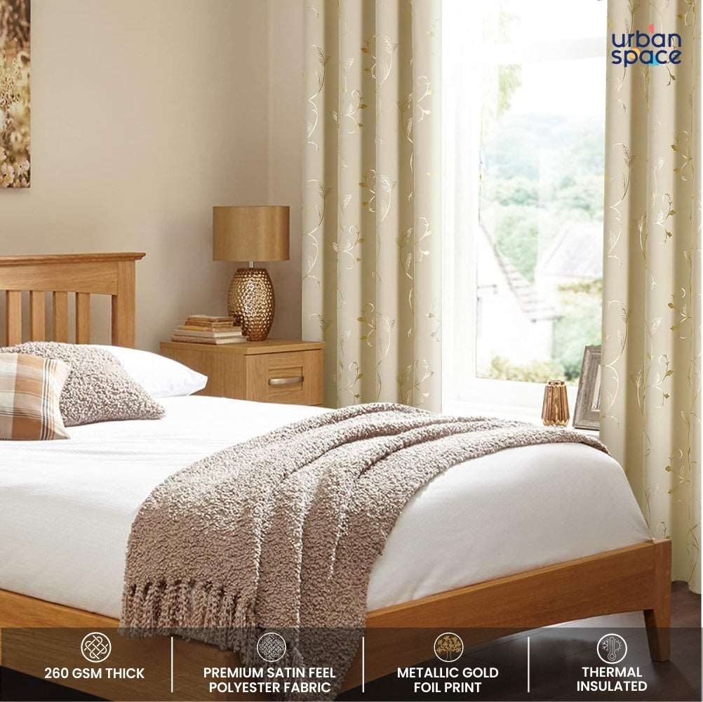 Gold Foil Printed 80-85% Blackout Curtains - Pack of 1 - Vine- Beige