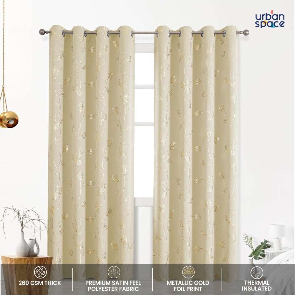 Gold Foil Printed 80-85% Blackout Curtains - Pack of 1 - Leaf- Beige
