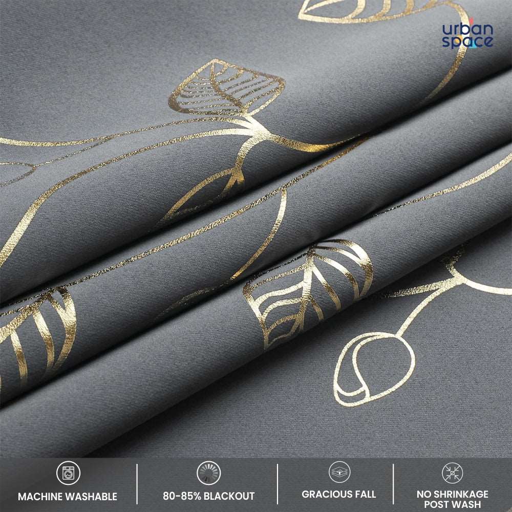 Gold Foil Printed 80-85% Blackout Curtains - Pack of 1 - Leaf- Grey