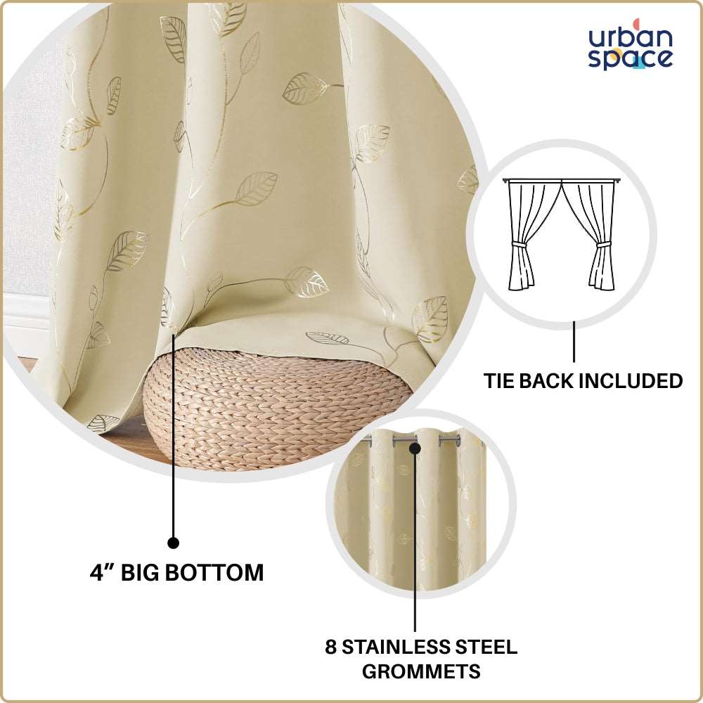 Gold Foil Printed 80-85% Blackout Curtains - Pack of 1 - Leaf- Beige