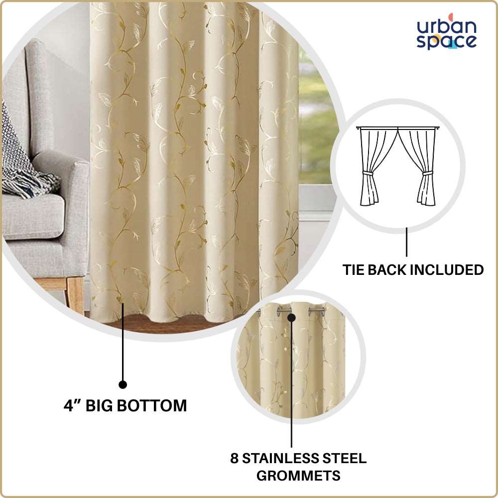 Gold Foil Printed 80-85% Blackout Curtains - Pack of 1 - Vine- Beige
