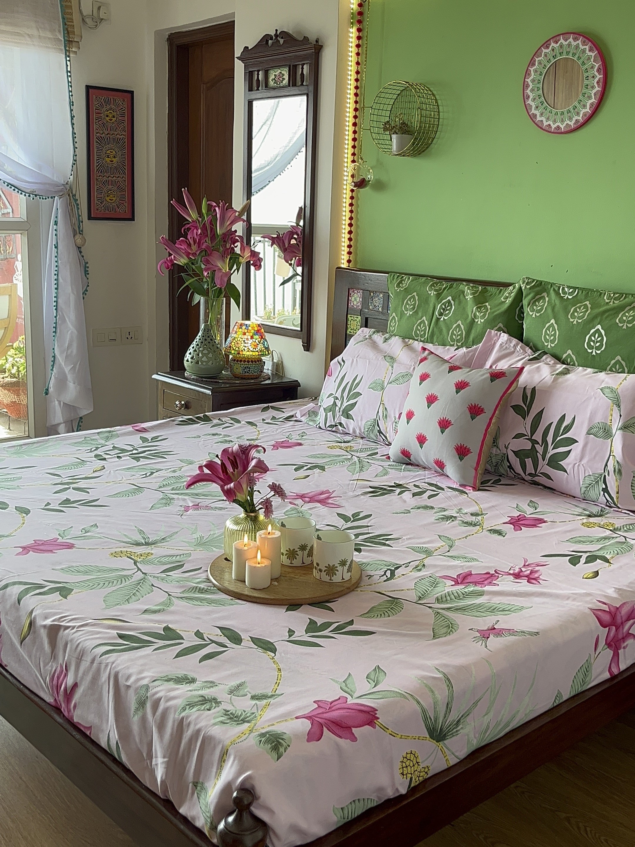 Serene 200 TC 100% Cotton Printed Single / Double/ King Bedsheet with Pillow Covers, Bloom Ray Pink