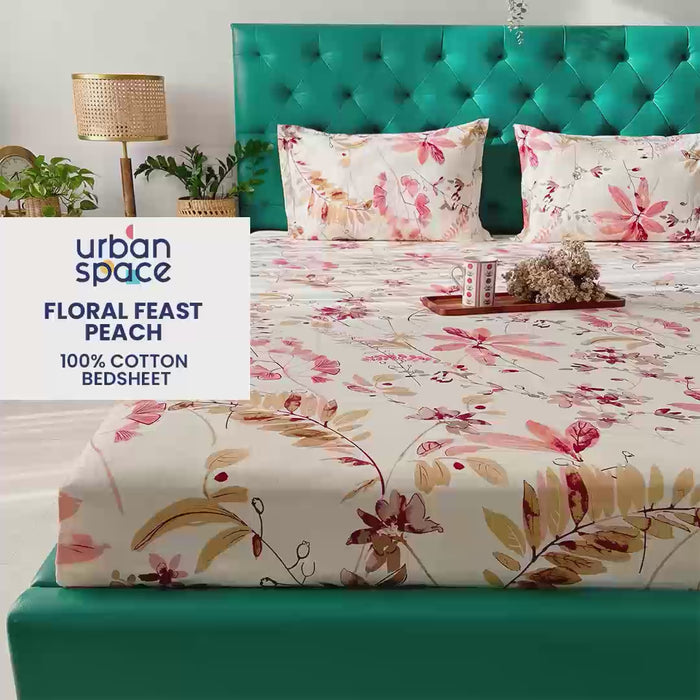 Cotton Double Bedsheet with 2 Pillow Covers, floral Peach