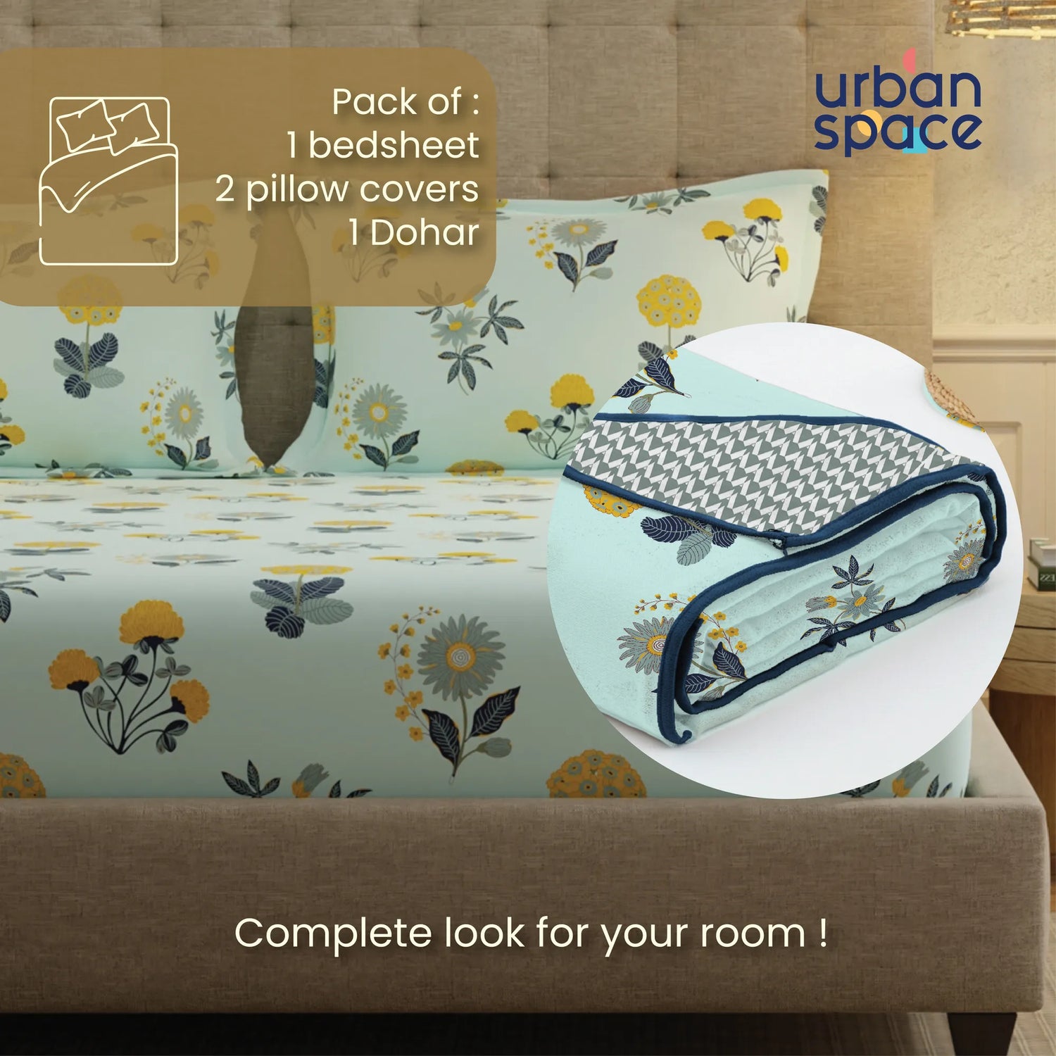 Cotton Bedsheet + AC Cotton Dohar Combo Pack - Radiance Sky Blue