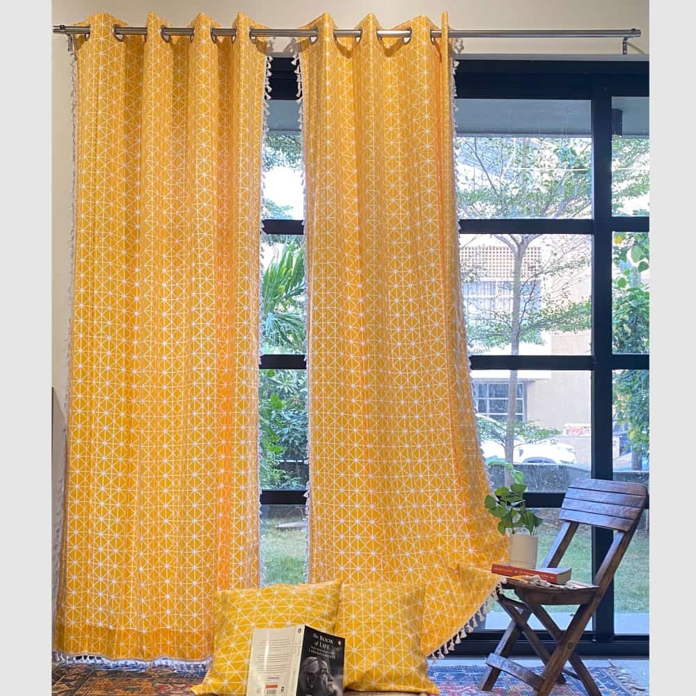 100% Cotton Boho Pack of 2 Curtains with 2 FREE Cushion Covers, Yellow Star