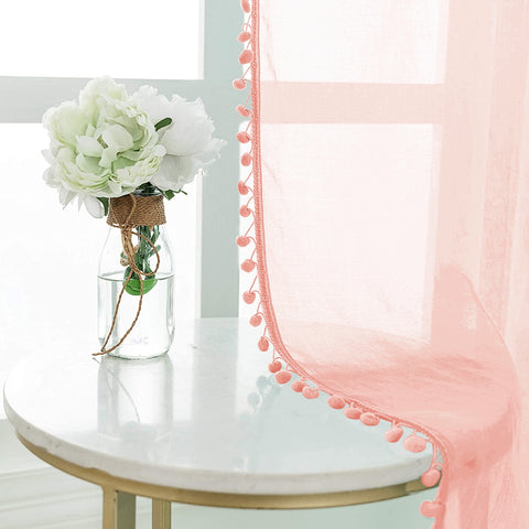 Sheer Curtain for Living Room with linen texture, Net Curtain for balcony, Pack of 2 Curtains - Blush Pink with pom pom