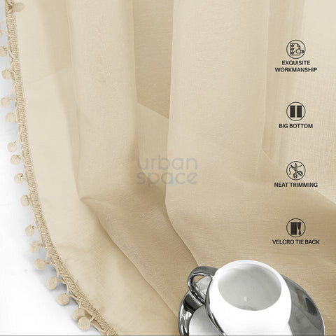 Sheer Curtain for Living Room with linen texture, Net Curtain for balcony, Pack of 2 Curtains - Taupe with pom pom