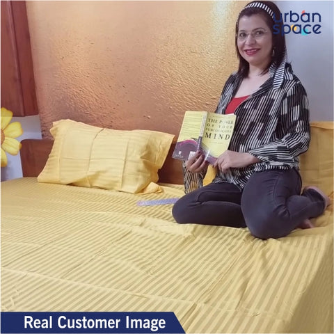 Regal 220 TC  Stripe Collection - 100 % Cotton Satin Bedsheet with pillow covers , Mustard Color