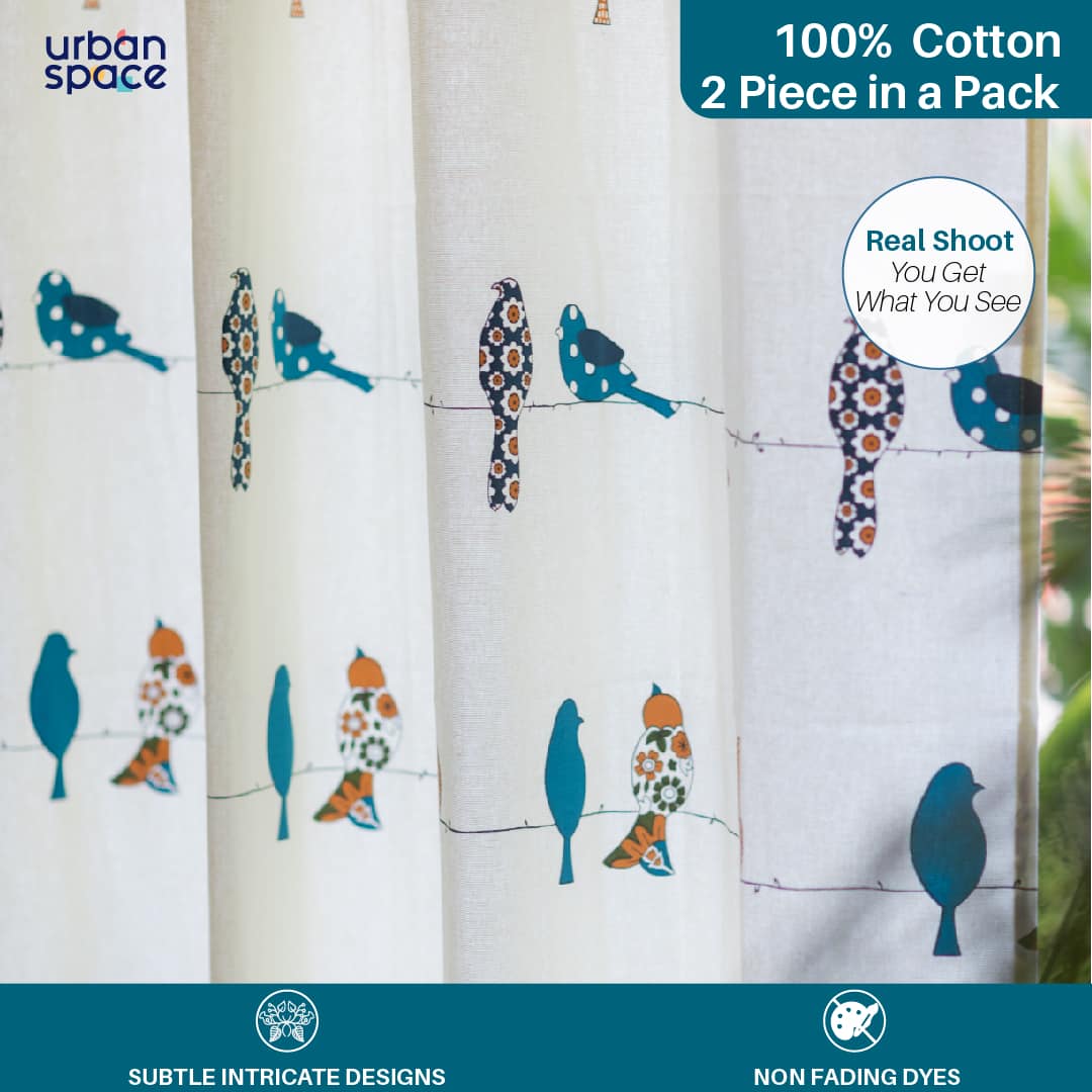100% Pure Cotton Curtains For Kids Room, Pack of 2 Curtains - Humming bird - Blue
