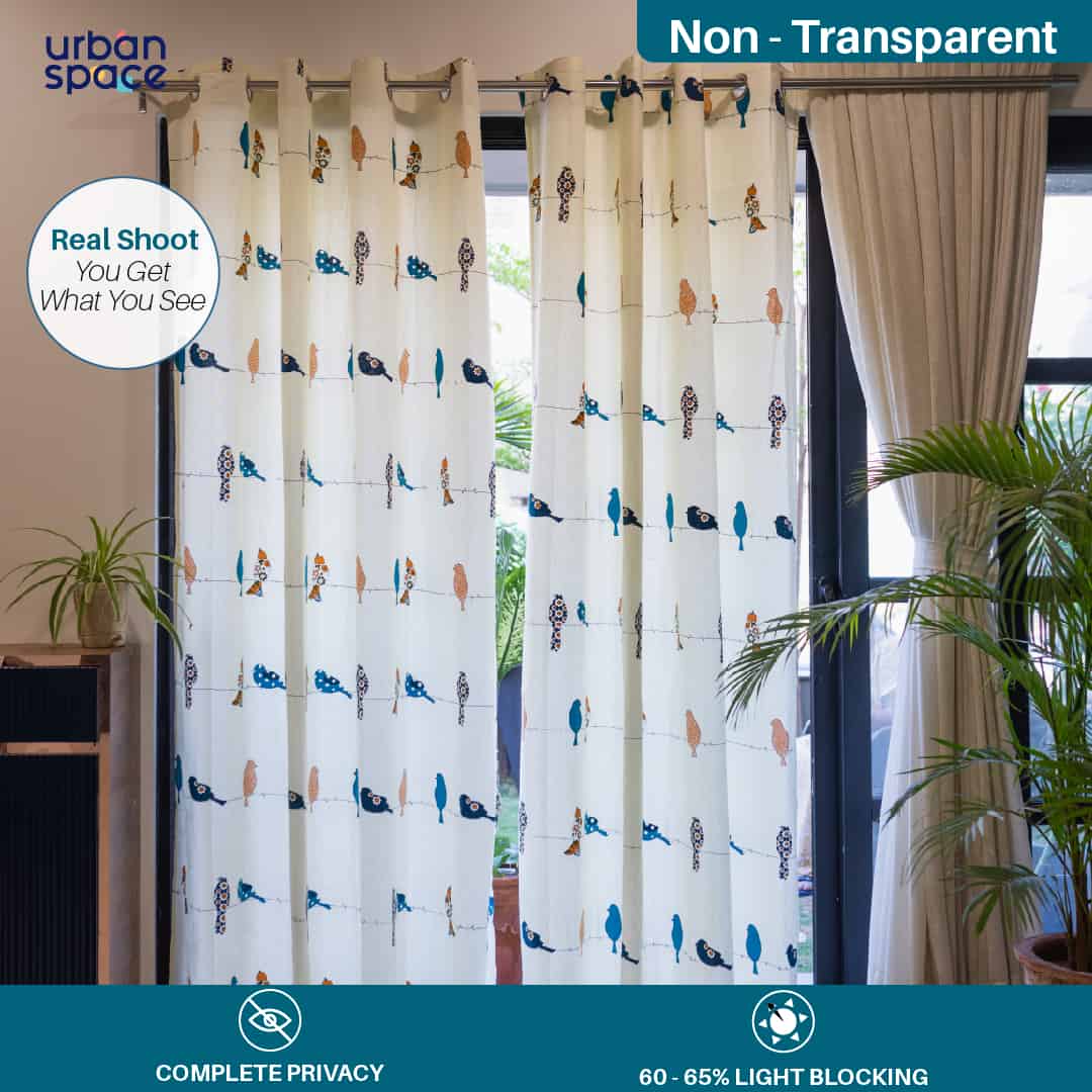 100% Pure Cotton Curtains For Kids Room, Pack of 2 Curtains - Humming bird - Blue