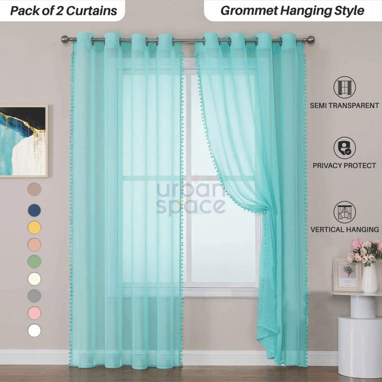 Sheer Curtain for Living Room with linen texture, Net Curtain for balcony, Pack of 2 Curtains - Aqua Blue with pom pom