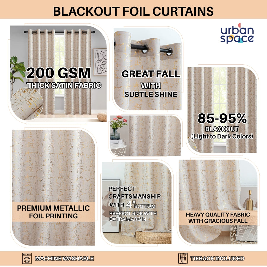 Polyester Satin Blackout Thermal Curtains, Metallic Dual Tone Foil Printed, Pack of 1 Curtain - Sparkle