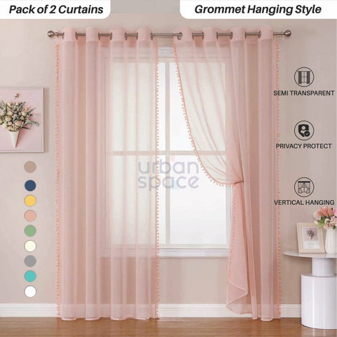 Sheer Curtain for Living Room with linen texture, Net Curtain for balcony, Pack of 2 Curtains - Blush Pink with pom pom