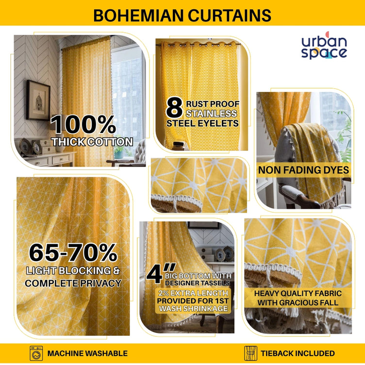 Premium 100% Cotton Curtain for Window & Curtains for Door - Pack of 1 Curtain, Yellow Star