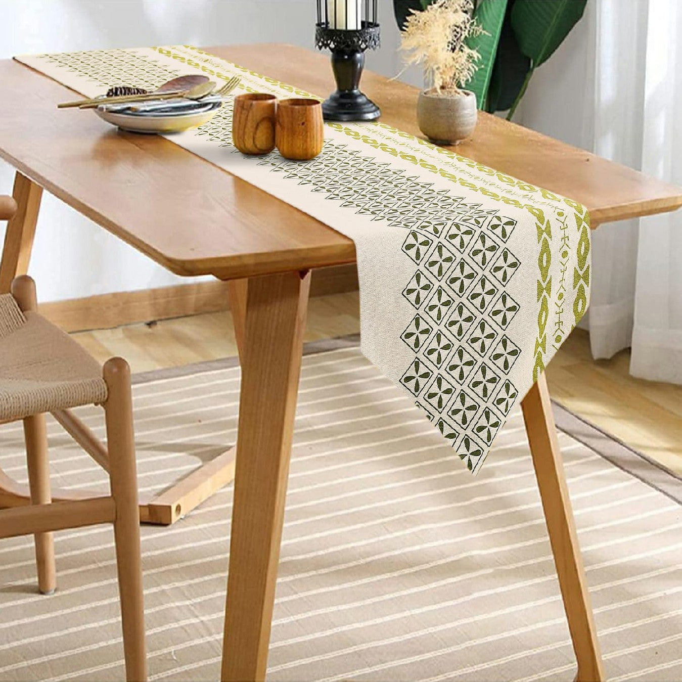 100% Cotton Table runner For 4 or 6 seater Dining / Centre Table - Global Border Green