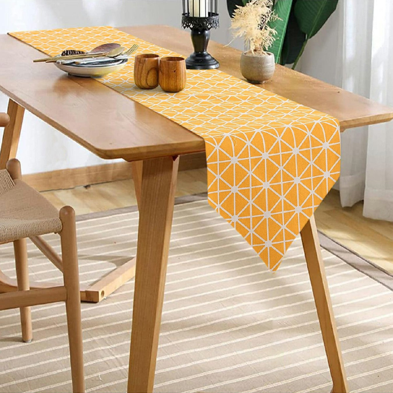 100% Cotton Table Cover & Table Runner, thick anti skid runner for 6  seater, Yellow / Beige