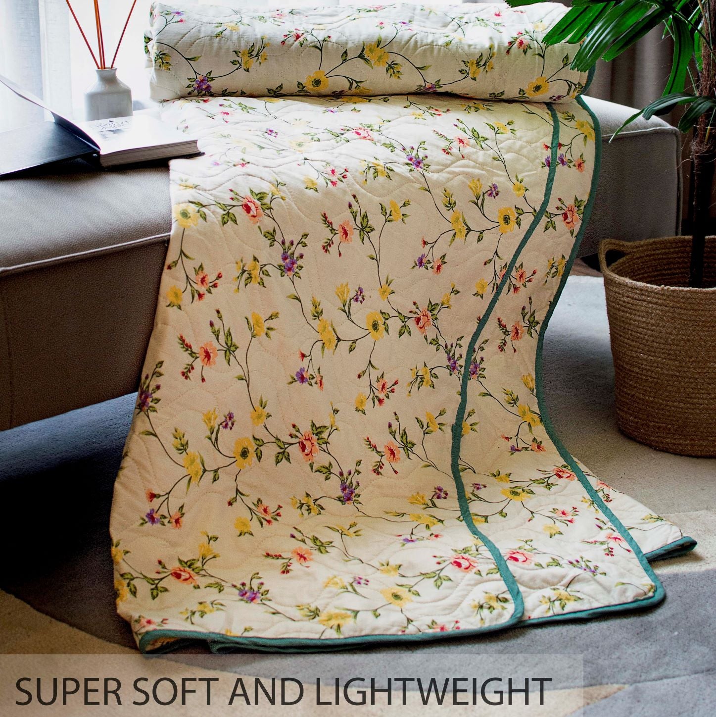 100% Cotton Malmal Blanket, Dohar, Comforter / Quilt for AC and Light  Winters - Floral